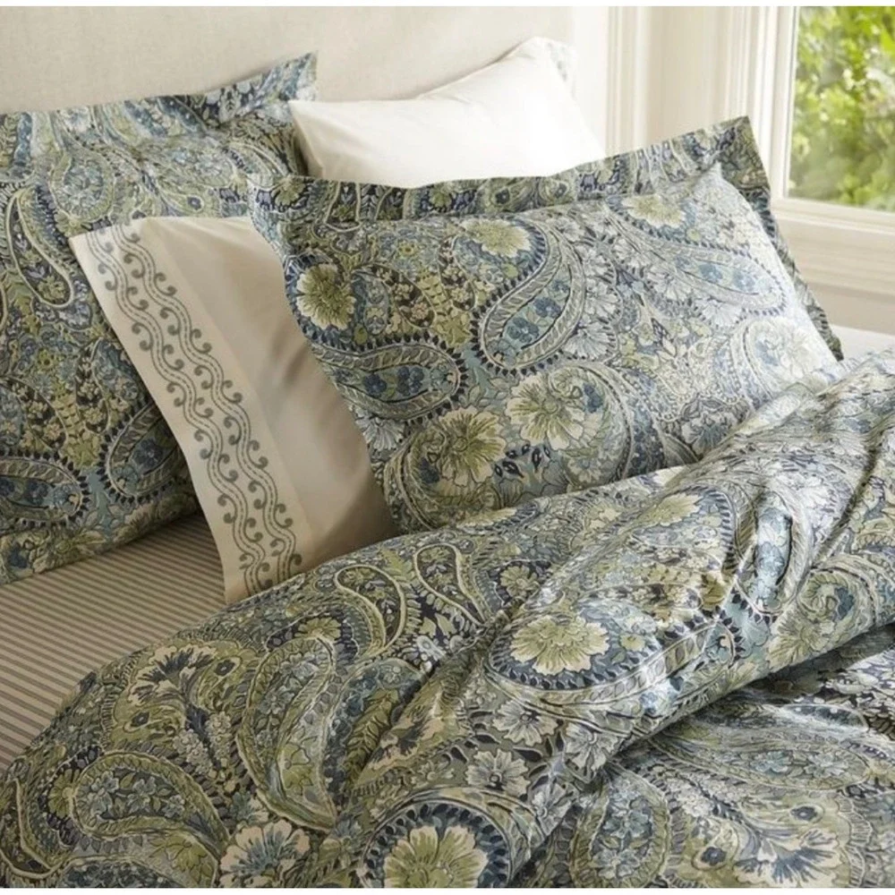 Pottery Barn Full Queen Duvet Cover Blue Green Paisley Floral Organic Cotton